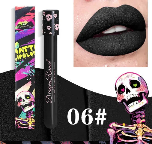 Halloween skull test tube containing matte gold or silver lip gloss for creative makeup.