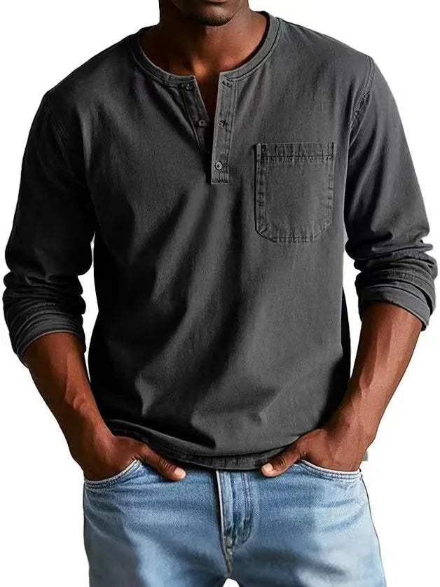Men's V-neck long-sleeved t-shirt with button design in solid colour, front view showing polyester fibre fabric