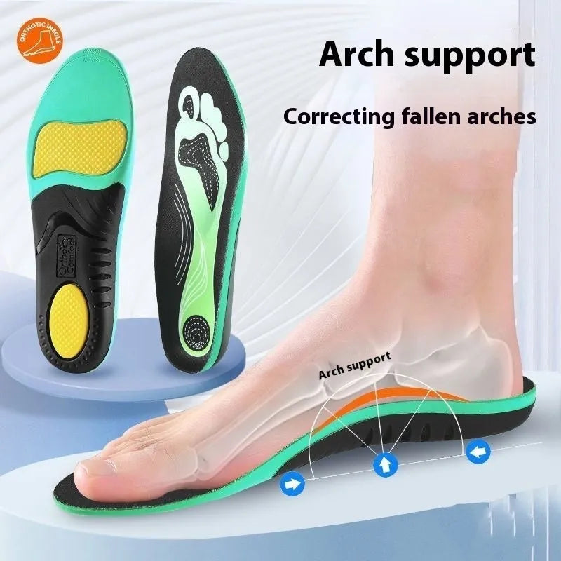 Blue and green PU flat foot correction insoles for men and women, shown in universal size ranges.