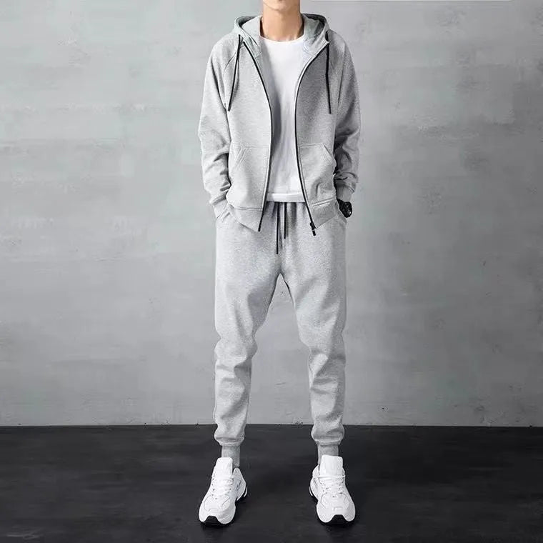 Men's loose zip-up hoodie and jogger set in black or grey cotton, sizes M to 4XL, 400g, spring casual outfit.