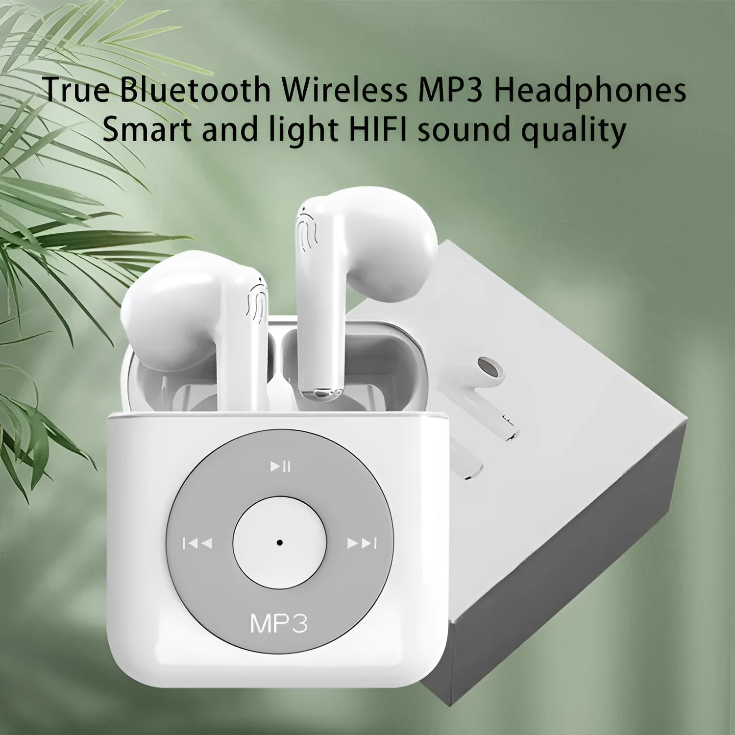White wireless Bluetooth earphones and charging case on a table, showing semi-in-ear design.