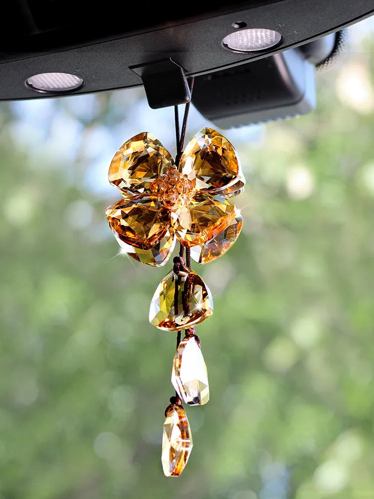 Crystal Four Leaf Grass car pendant decoration in four colour options on a 20cm chain.