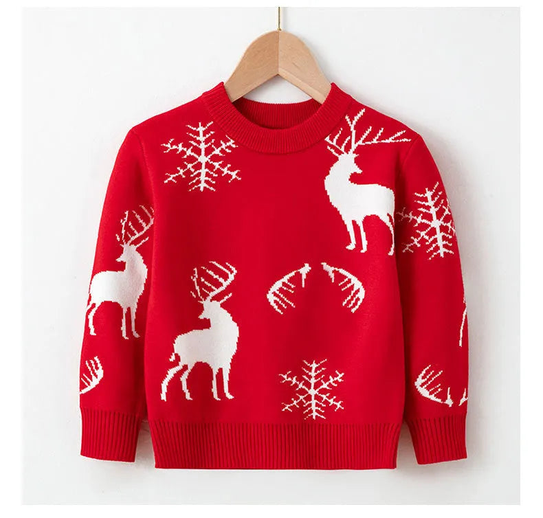 Viscose cotton knitted Christmas sweater for children, unisex, long sleeve round neck, available in red and navy blue