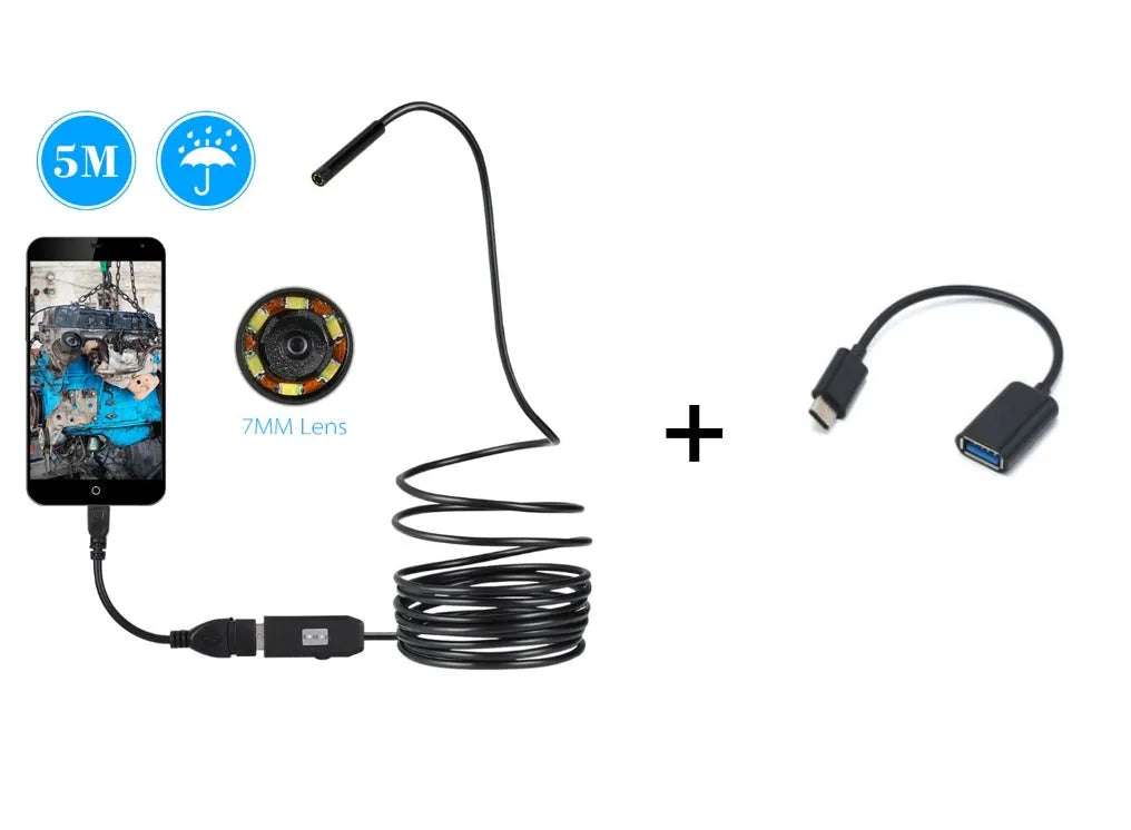 OWSOO USB endoscope inspection camera with 5m cable, LED lights, magnet, and hook attachments