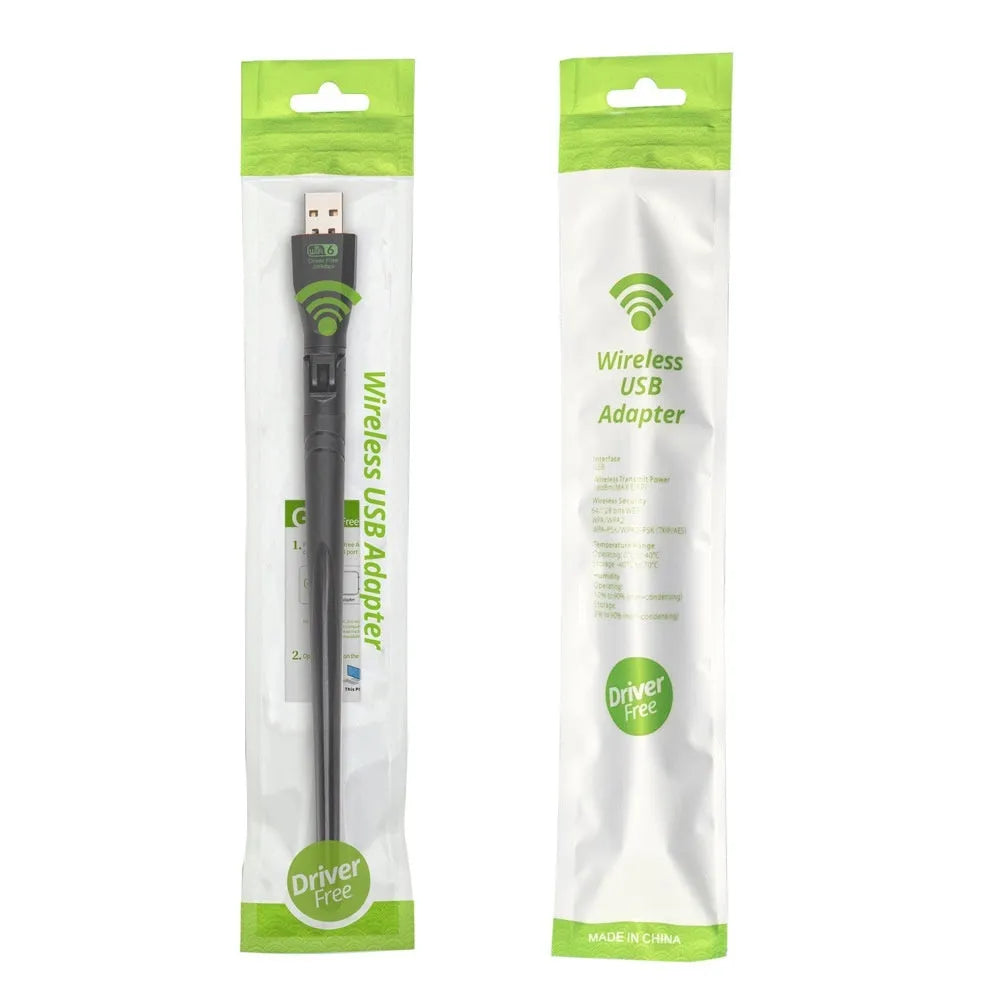 Black USB WiFi 6 wireless network card with integrated driver for desktop and laptop computers.