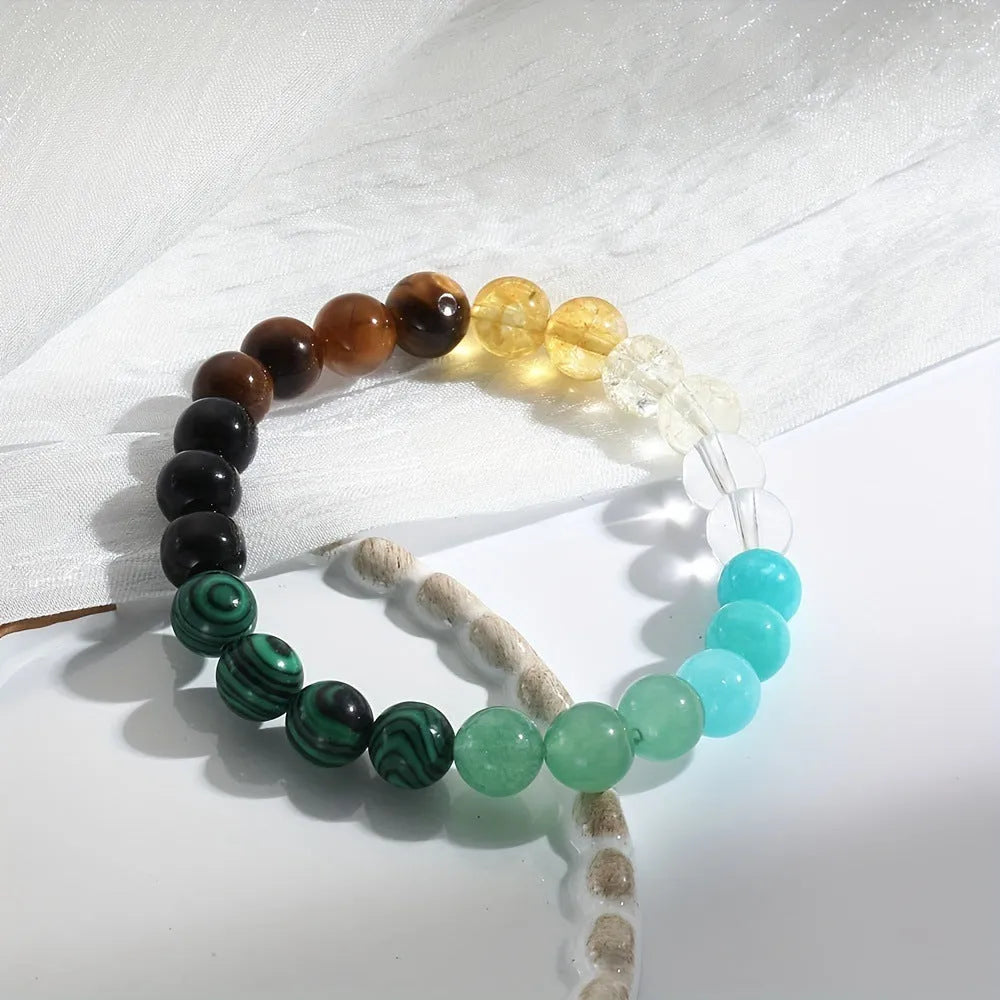 Natural stone bracelet with citrine, dongling stone, and malachite in a crystal setting, unisex design