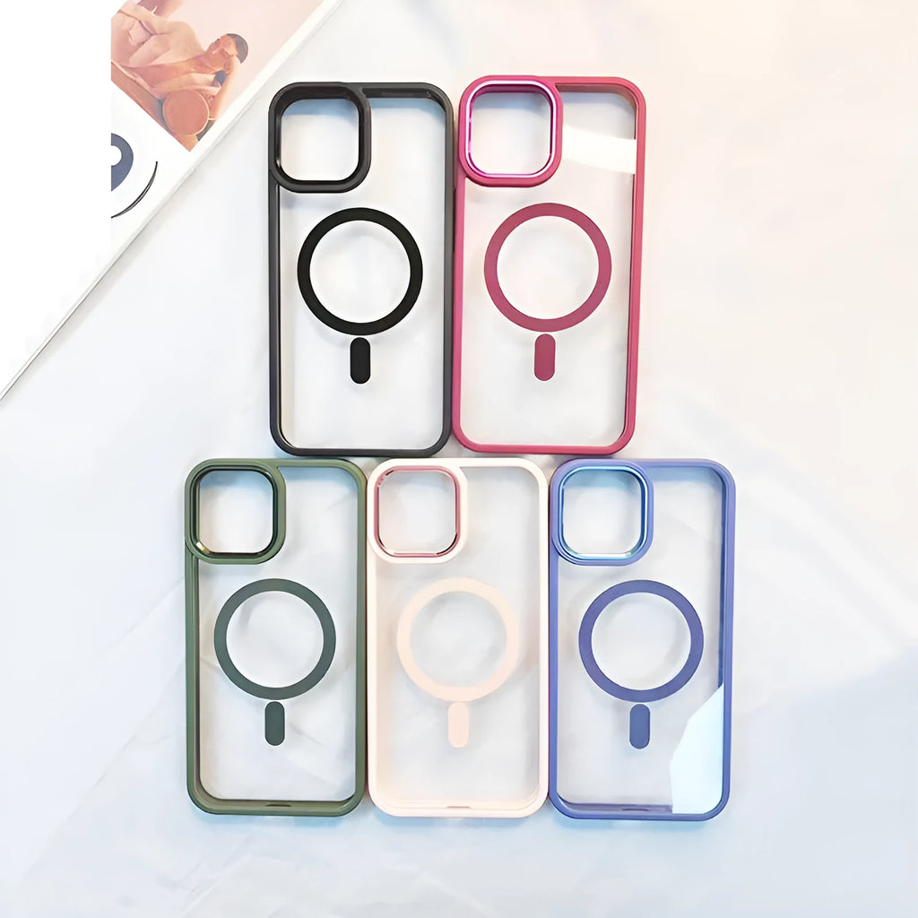 Transparent magnetic silicone phone case for iPhone showing colour options and MagSafe compatibility.