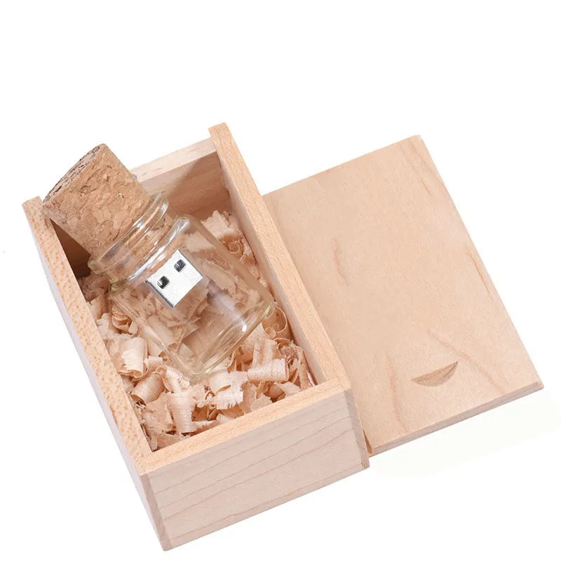 Personalised wooden USB flash drive with chocolate-brown casing showing dimensions and custom graphic option