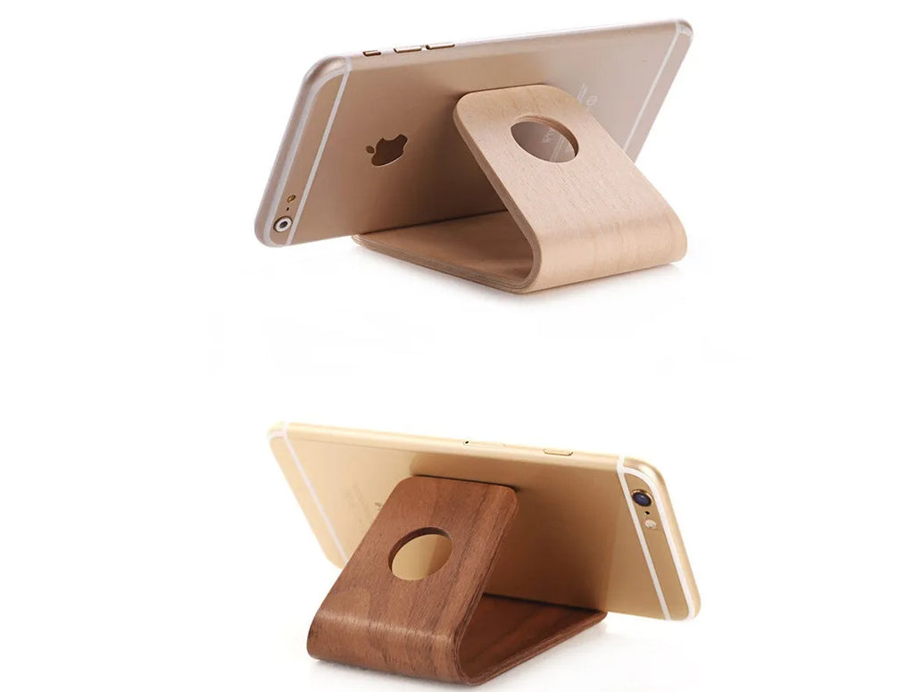Wooden iPhone charging stand in walnut and white maple finishes