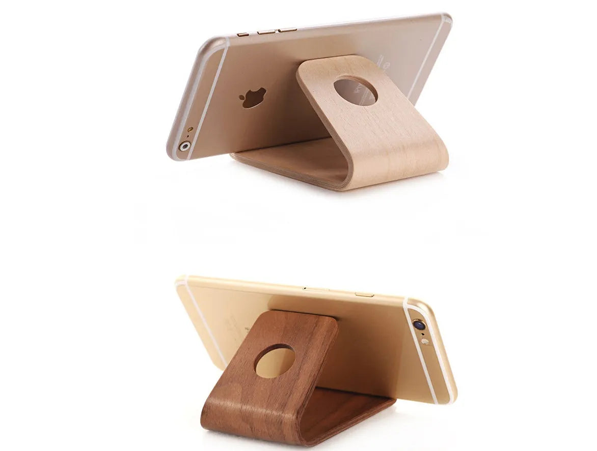 Wooden iPhone charging stand in walnut and white maple finishes