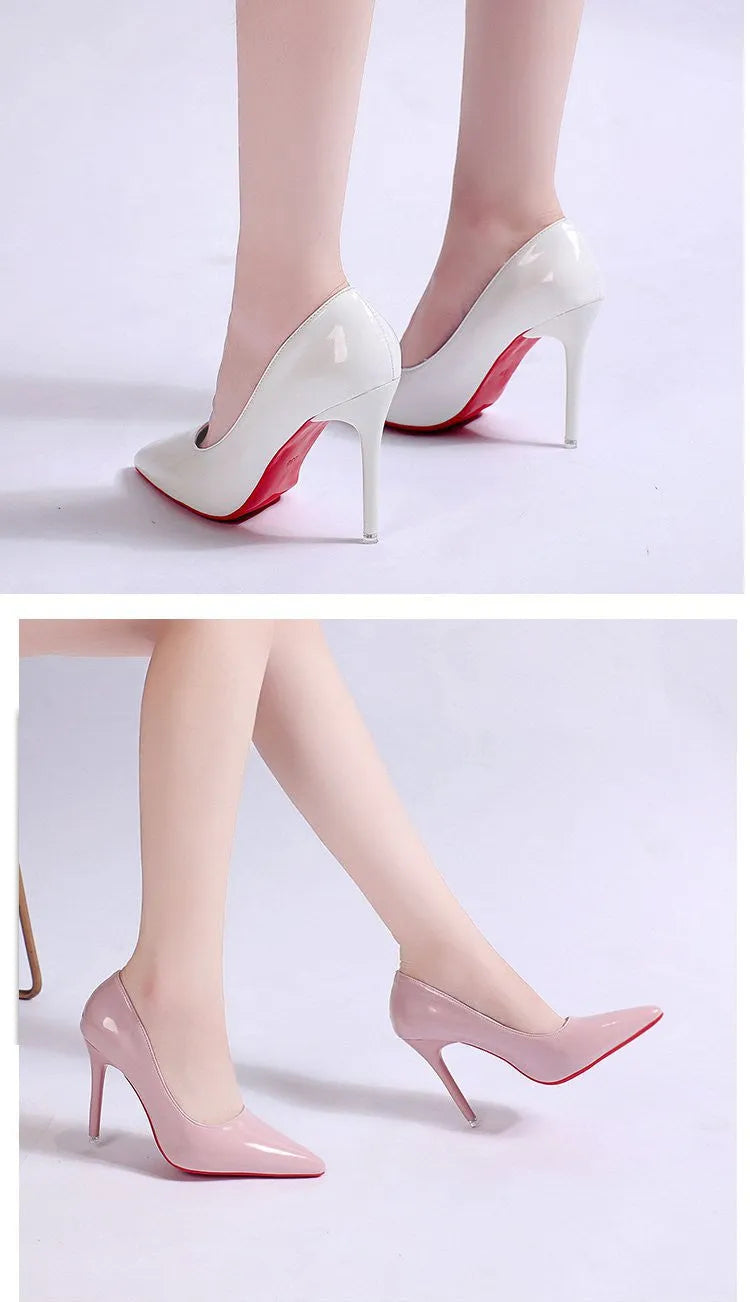 Women's pointed toe stiletto pump in a solid colour, showing the shallow mouth and high heel.