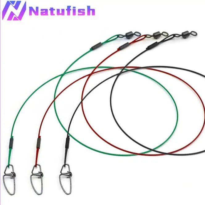 Green, black, and red steel wire fishing tackle accessories with double buckle pins, each 54cm long.