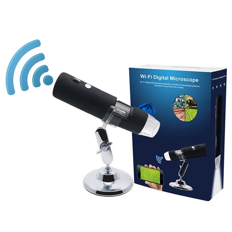 Black microscope magnifier camera phone bracket with 8 LED lights and 1.5m cable on a laboratory bench
