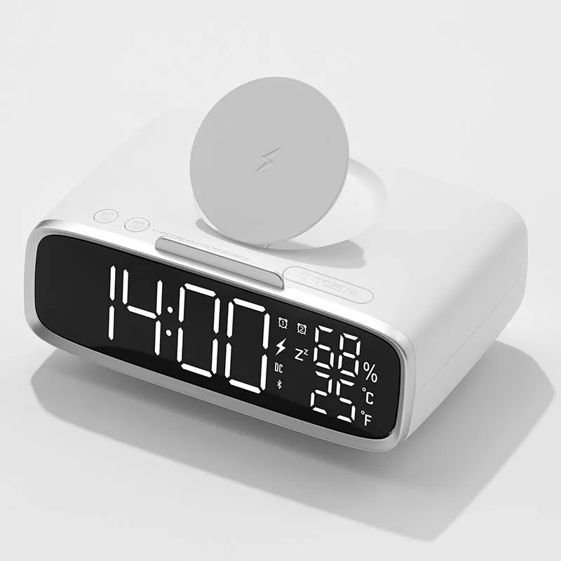 White wireless charging pad with Bluetooth speaker and night light functions