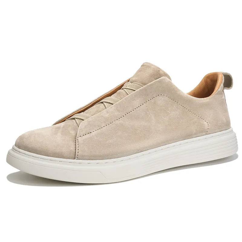 Men's elastic no-tie white casual sneakers in solid colour with top pigskin leather upper, low top, and round toe