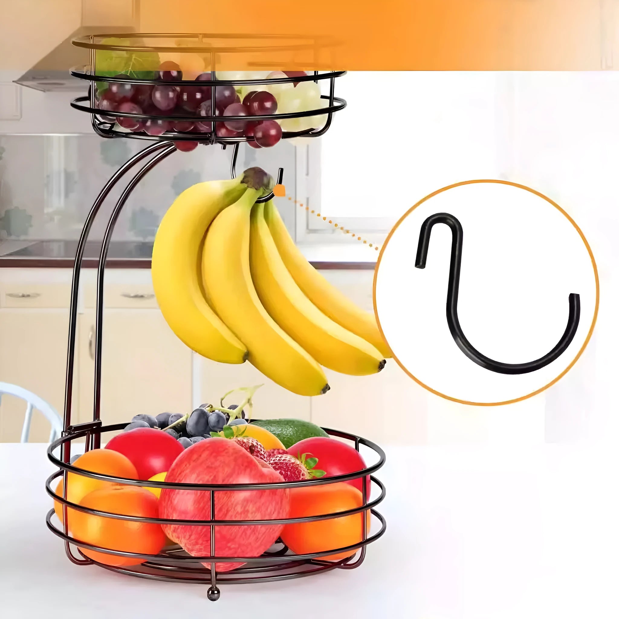 Double-layer wrought iron fruit basket in black or gold for restaurant and kitchen storage