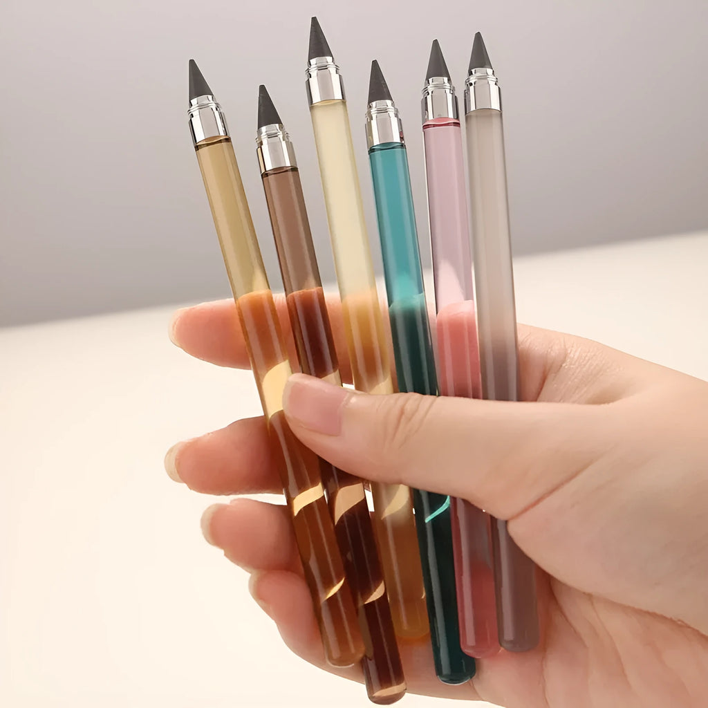 Transparent acrylic mechanical pencil with alloy pen head showing coloured refills