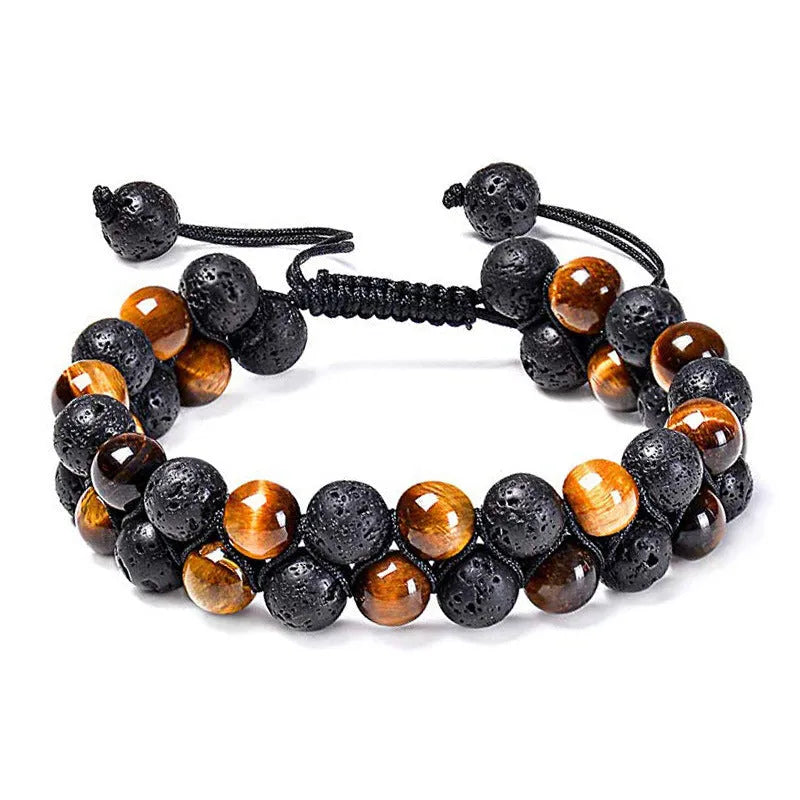 Matte black agate couple bracelets with geometric designs for him and her