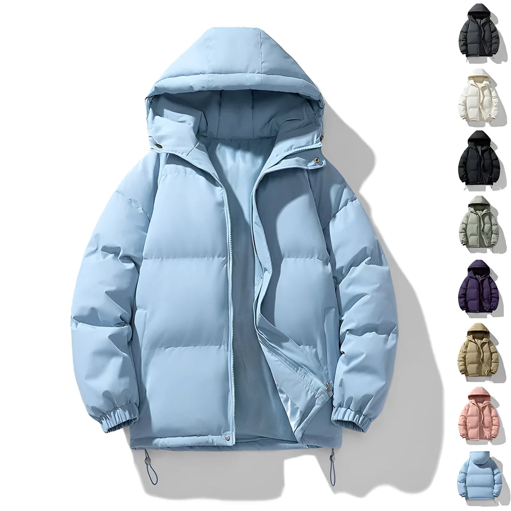 Men's hooded zip-up winter jacket in black with thickened polyester padding and side seam pockets