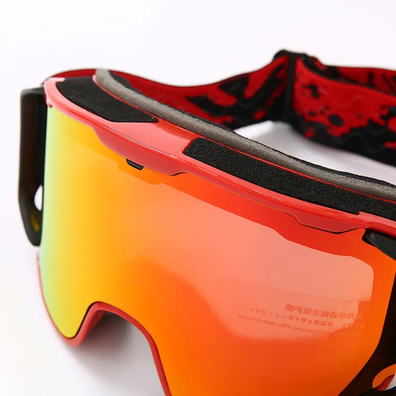 Double-layer anti-fog ski goggles with full real film lens in red, white, orange, black, and blue colour options