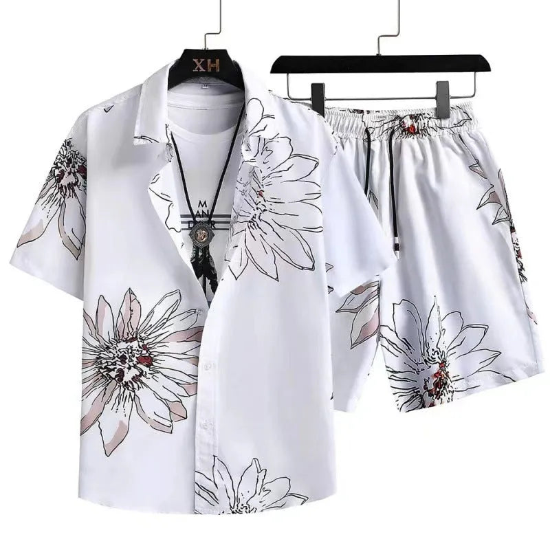 Man wearing a matching short sleeve cardigan and shorts set in a digital print pattern.