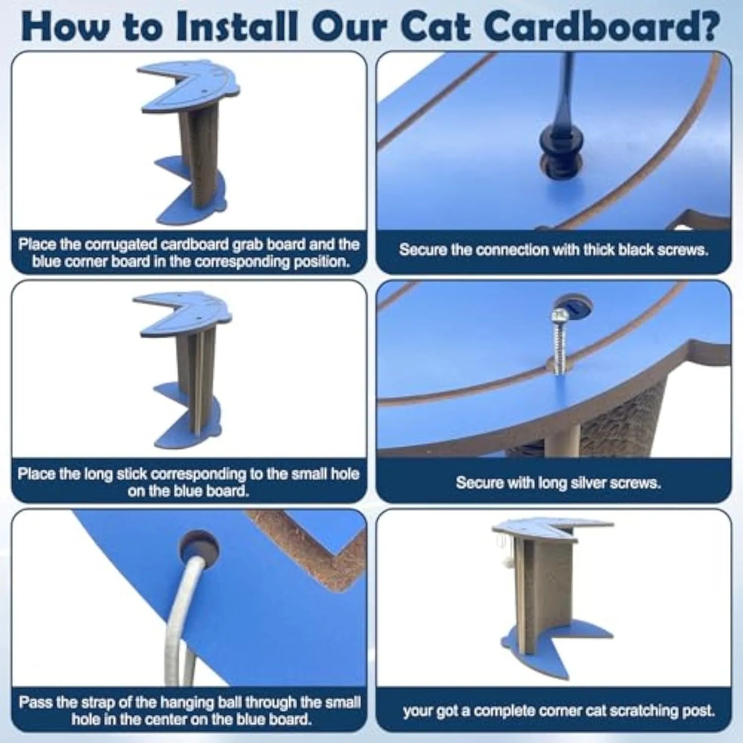 Corner-fitting cardboard cat scratching pad with a dangling ball toy.