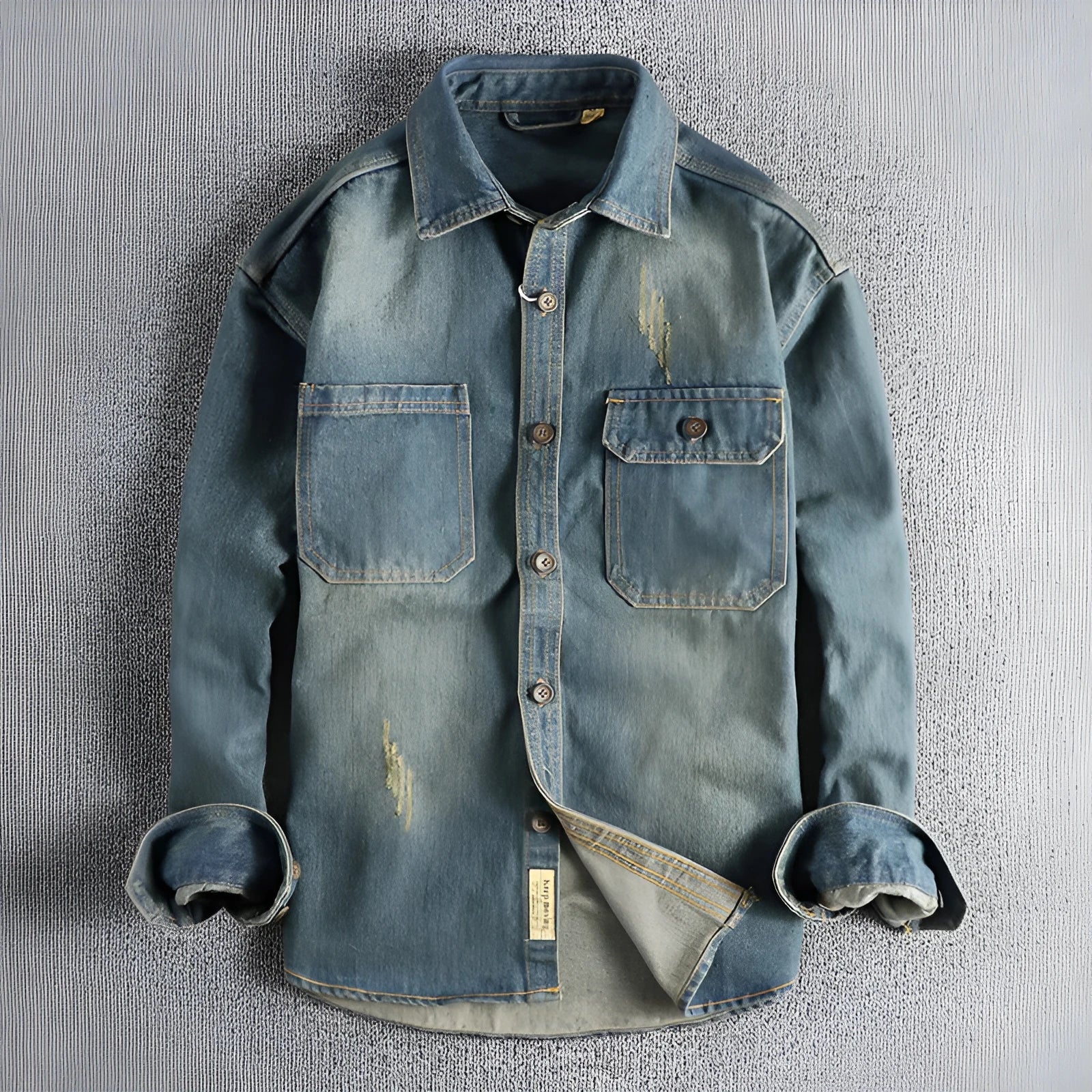 Men's vintage denim shirt in light blue washed cotton with loose cardigan fit and long sleeves