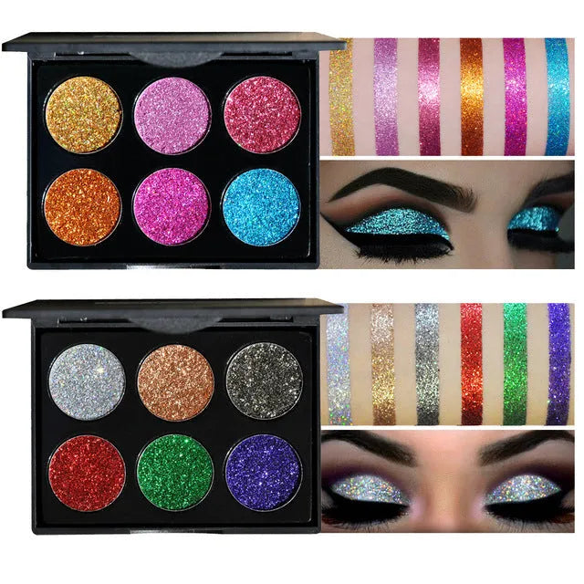 Sequin eye shadow tray with six colours, 10 cm by 7.8 cm by 0.9 cm compact palette