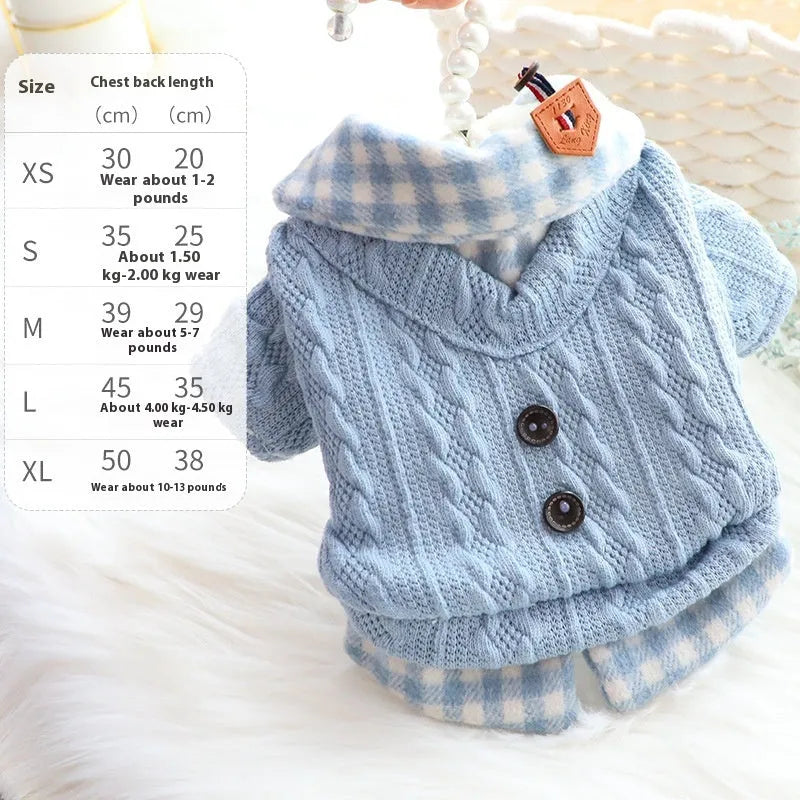 Blue plaid fleece-lined wool dog sweater with a fake two-piece design on a small dog.