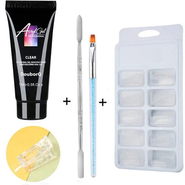 Clear nail polish art kit with resin gel, sponge, brush, and nail sticker for DIY manicure