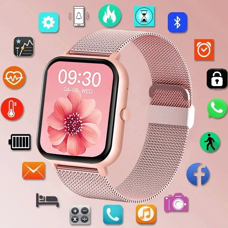 ZL54C smart watch showing AMOLED display with health metrics, available in black, silver, pink, and Milan steel strap variations