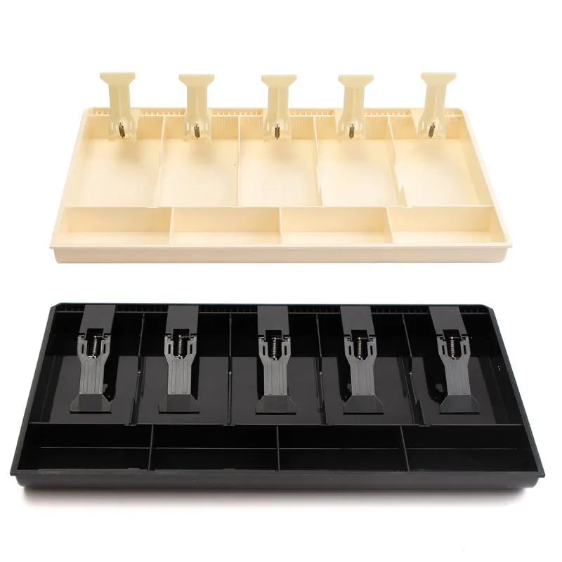 Black and white ABS plastic five-drawer cash register box with coin compartments