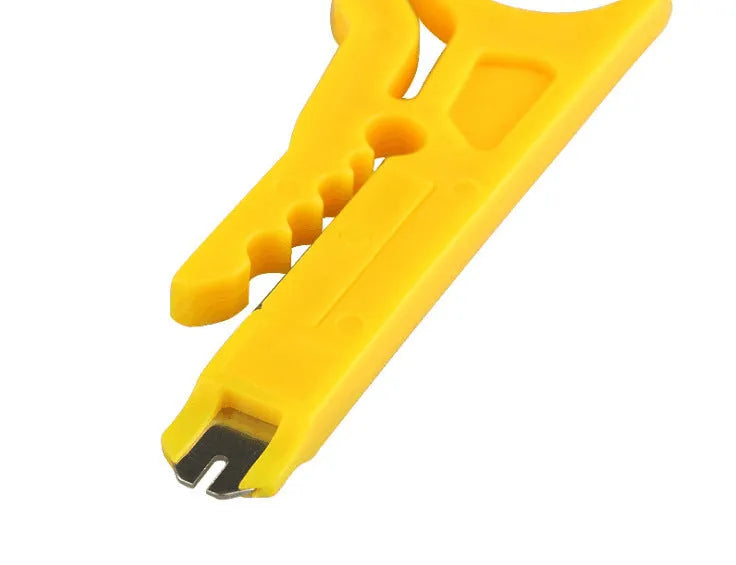 Yellow mini portable wire stripper tool for 0.6mm electrical and data cables.