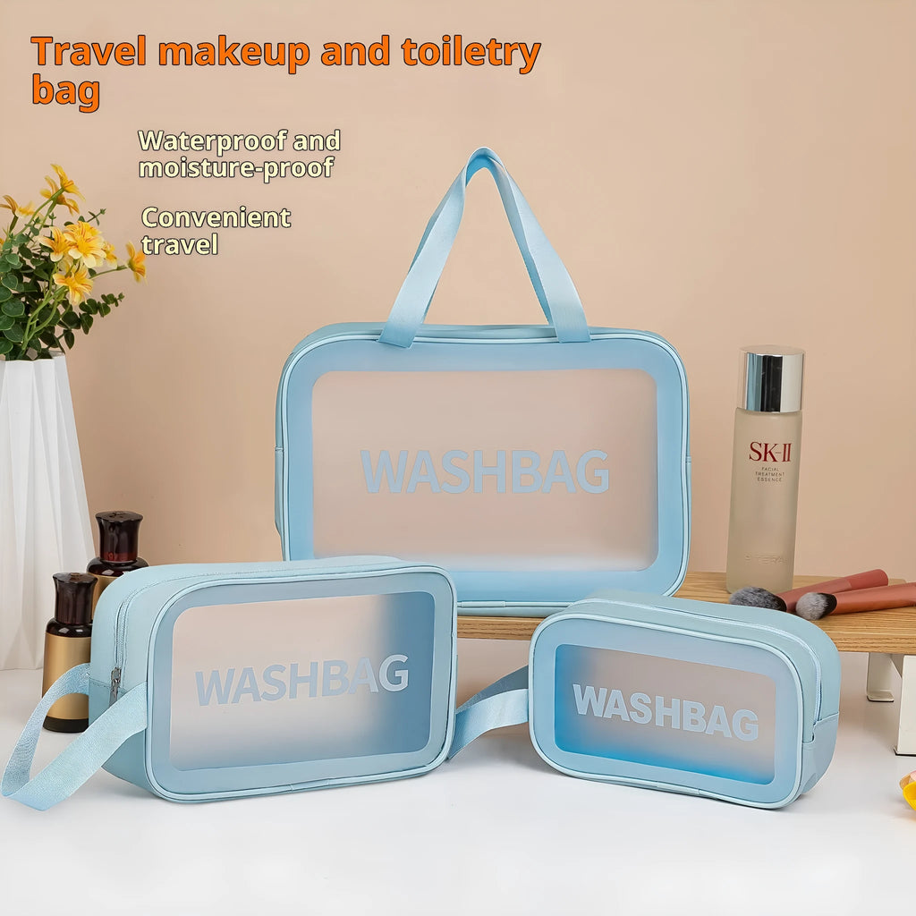 3-piece PVC wash bag set in transparent waterproof material, large medium and small sizes, beige black blue pink white