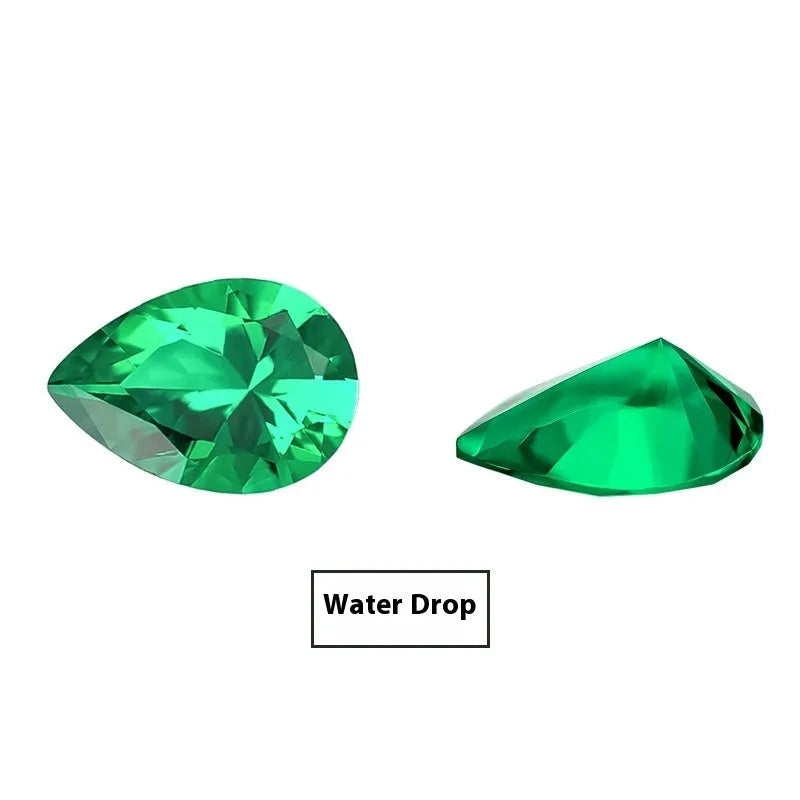 Synthetic emerald gemstone in Columbia green treasure colour showing round and rectangular cut options.
