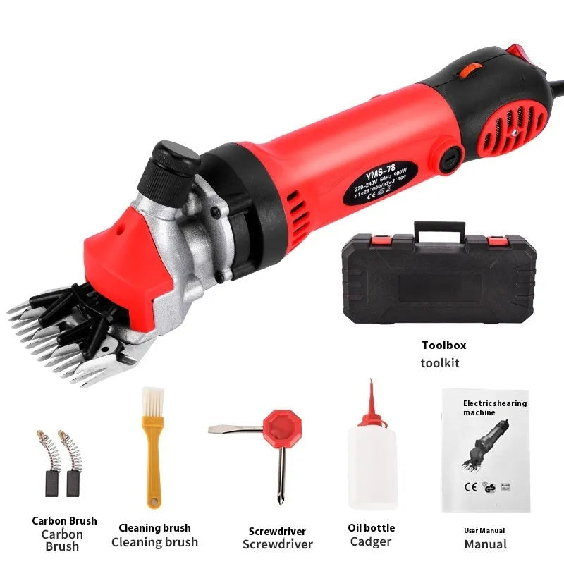 Yellow electric wool shearing clipper with 110V plug, multiple cutting blades, and maintenance accessories in plastic box