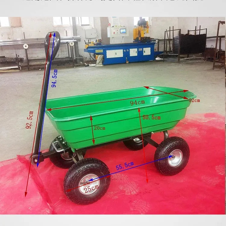 Green four-wheel plastic dump truck with a tipping bed, model TC2145.