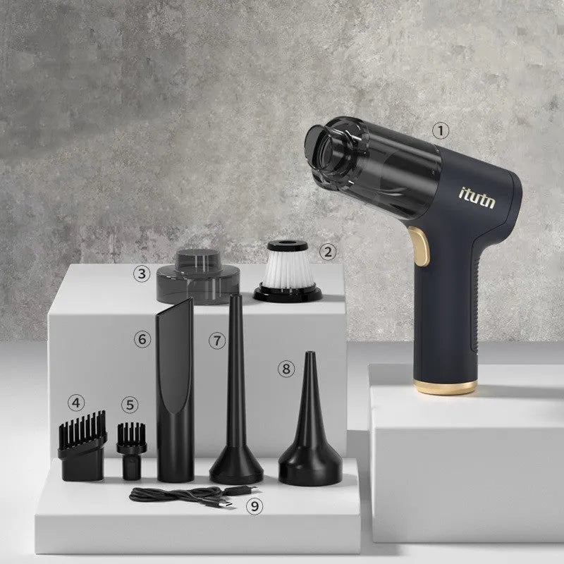 Black wireless handheld vacuum cleaner with multiple nozzle attachments for car and home use.