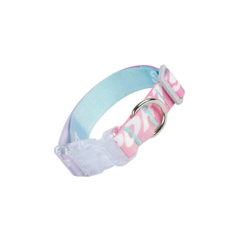 Adjustable nylon dog collar with blue to green gradient cartoon print and plastic buckle on a white background.