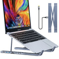 Aluminium folding laptop stand with built-in 8-in-1 USB-C and HDMI docking station ports.