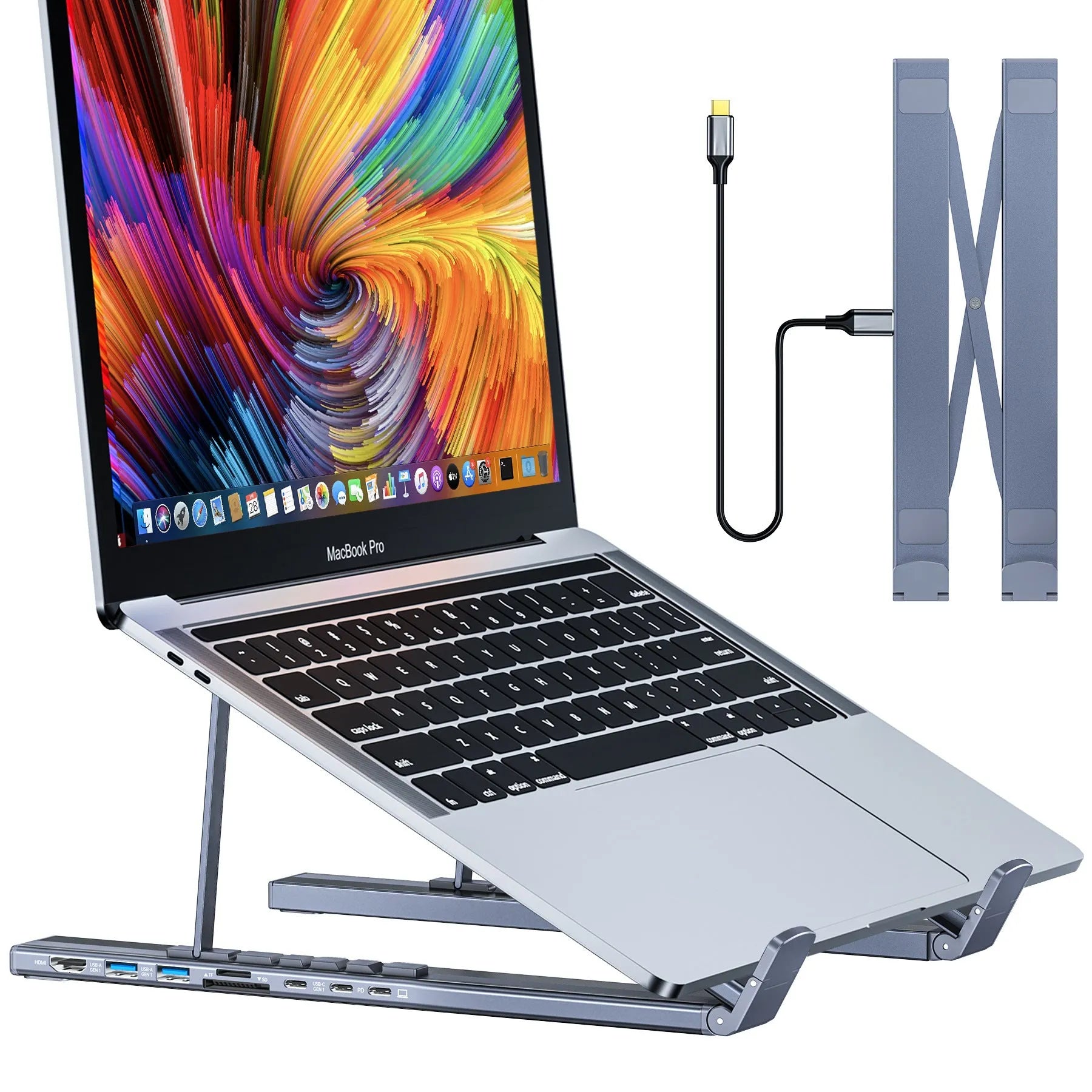 Aluminium folding laptop stand with built-in 8-in-1 USB-C and HDMI docking station ports.
