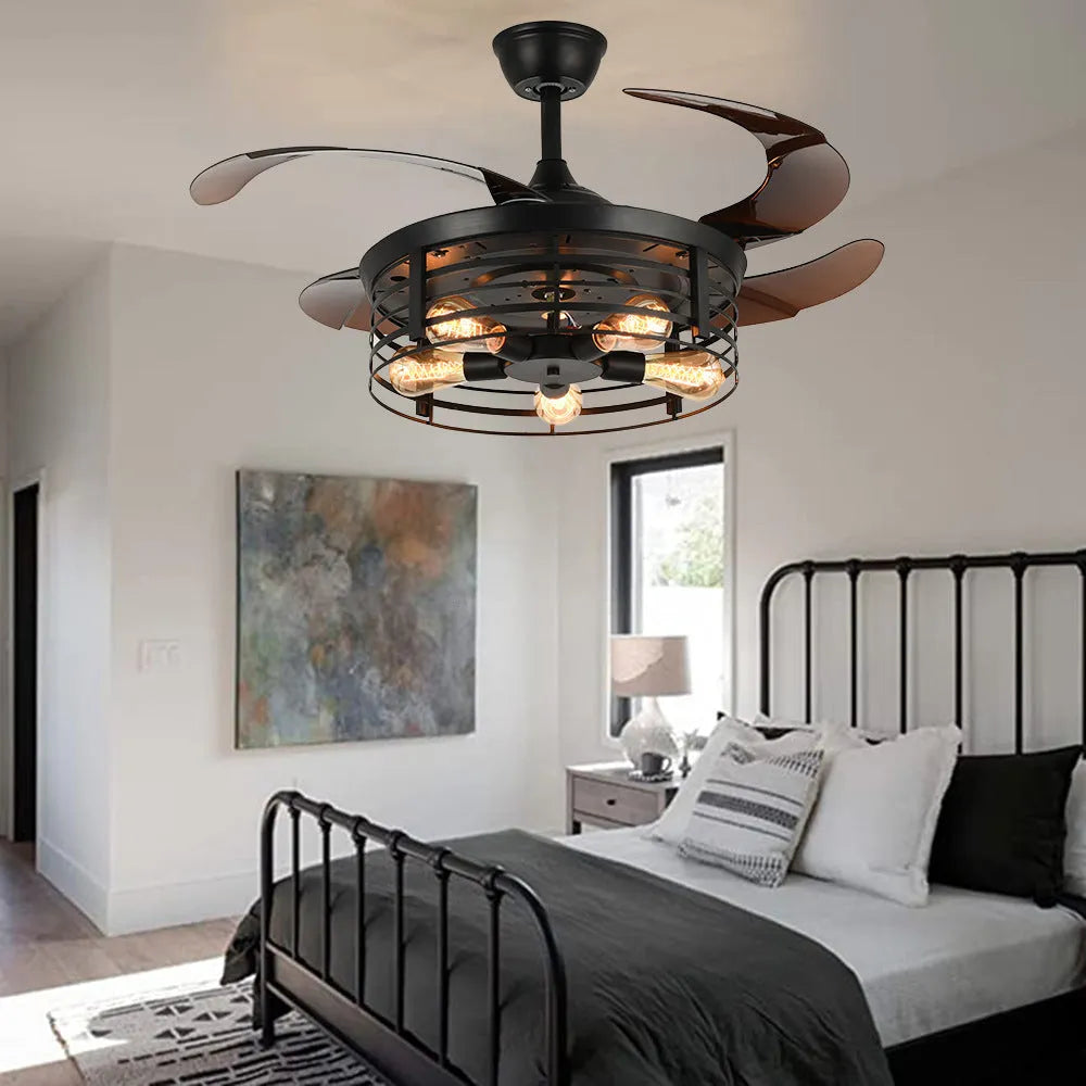 Industrial Wind American retro style ceiling fan lamp with acrylic blades and integrated light shade, remote control on side.