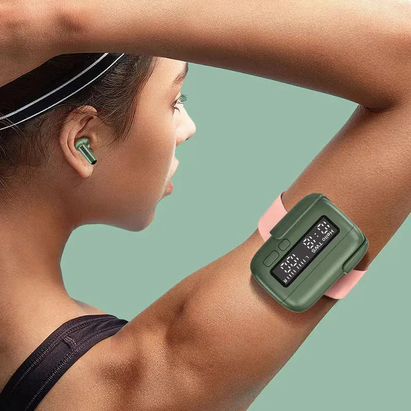 Portable wireless Bluetooth headset with digital display clock in Yuan Ye Green, 1990 Orange or Space Gray, PC ABS earplug style