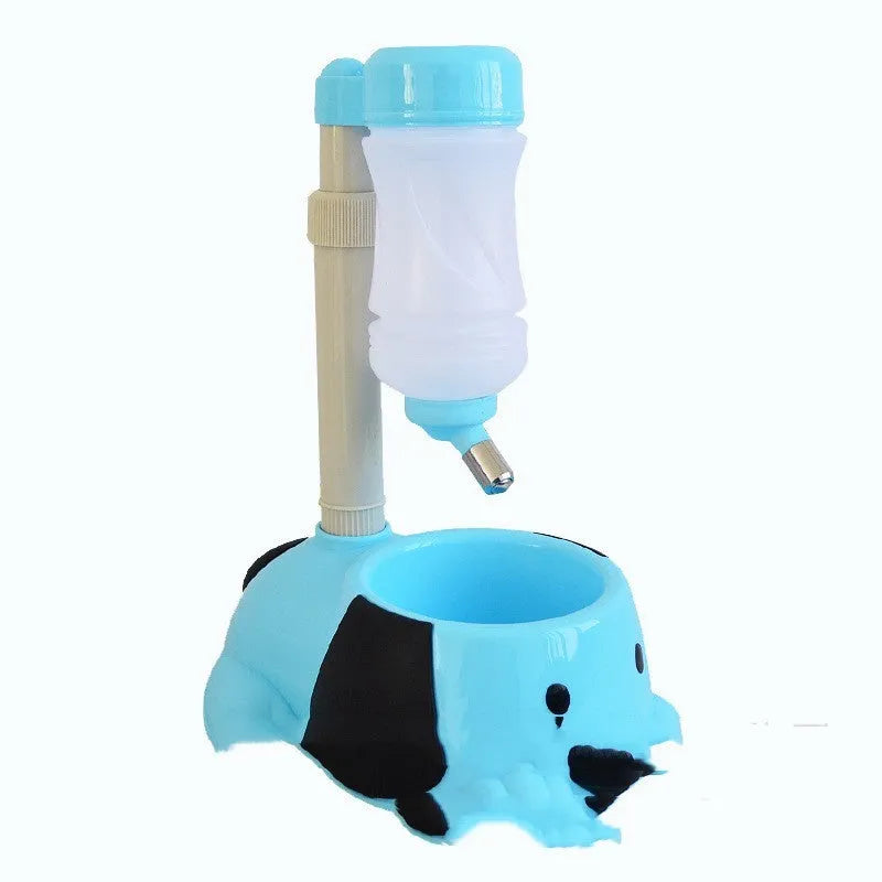 Adjustable rod lift pet drinking bowl in blue plastic, showing height mechanism