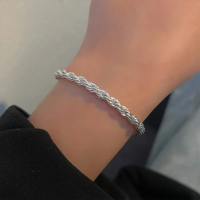 Silver twisted fried dough twists bracelet for women, vintage versatile handwear wrist accessory
