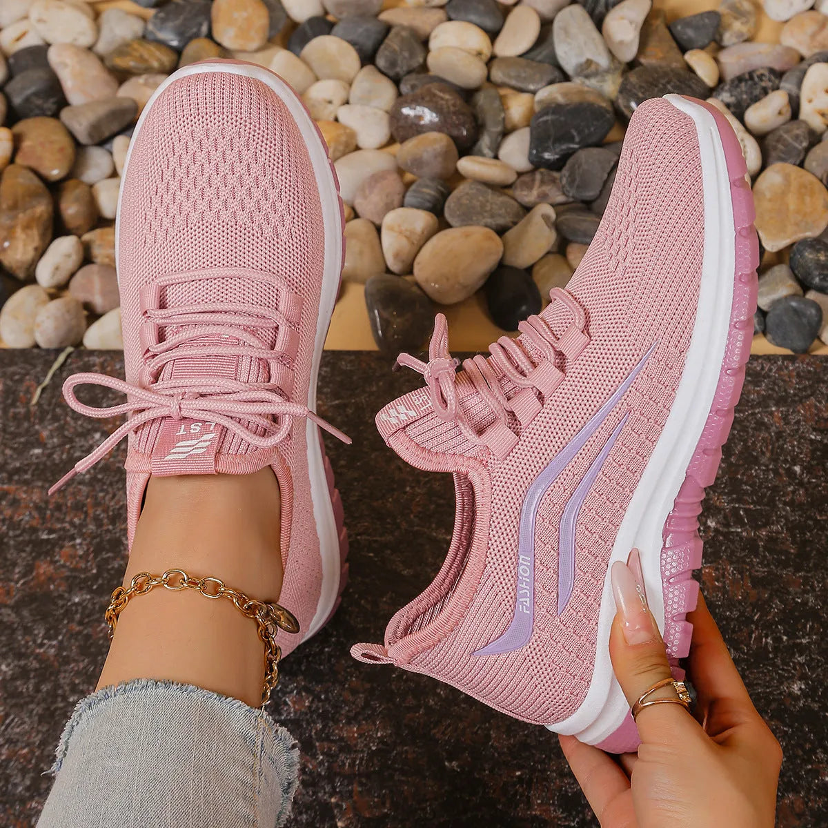 Women's breathable mesh casual sports shoes with non-slip rubber sole, low top, lace-up closure, available in multiple colours and sizes 36-42