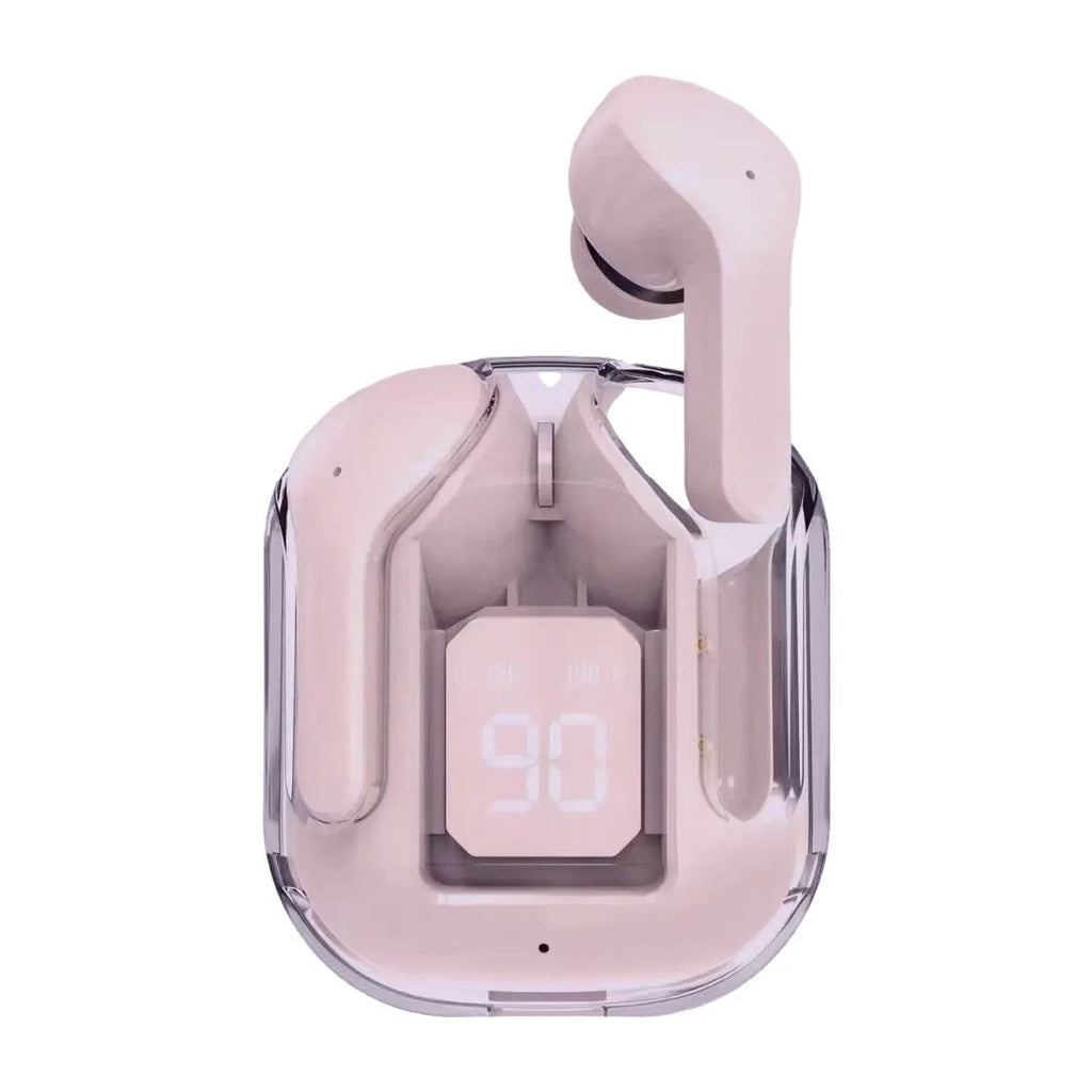 Transparent space capsule case true wireless headphones with digital battery display in multiple colours