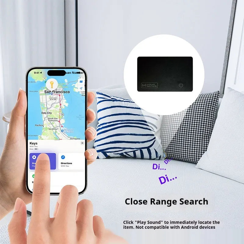 Ultra-thin card anti-loss alarm device in selected leather, 86 x 54 x 3mm, black packaging option