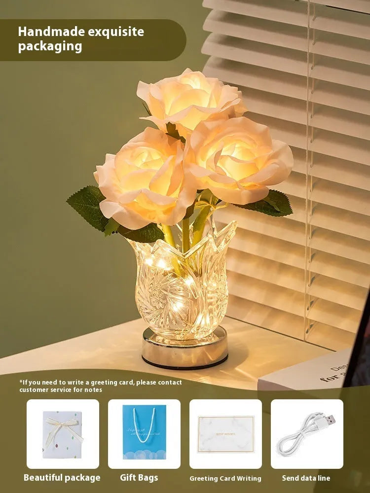 White crystal flowers design USB rechargeable touch dimming table lamp on wooden surface