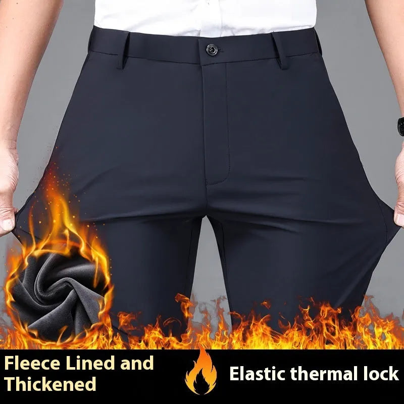 Fleece-lined men's straight leg trousers in black, side view showing draping effect